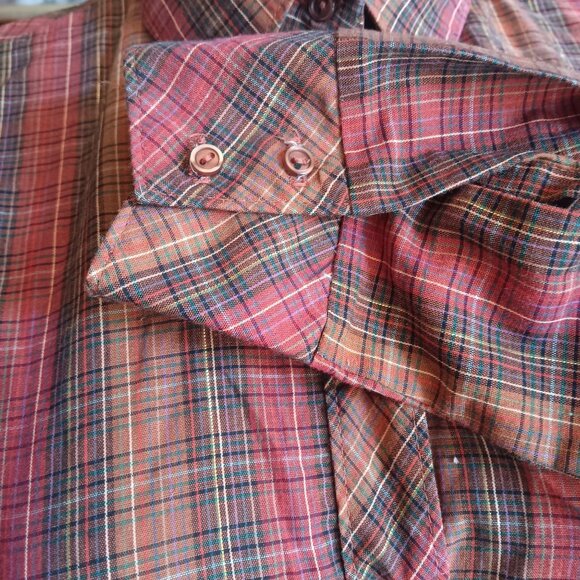 Small Vintage Hippy Plaid Top 1970's Button-Up Shiny Gold Thread Boho Blouse - Picture 4 of 6